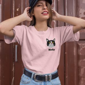 Custom Cute Embroidery Cat Patterns Tshirt with Cat Name Tersonalized Embroidery Tshirt Gift